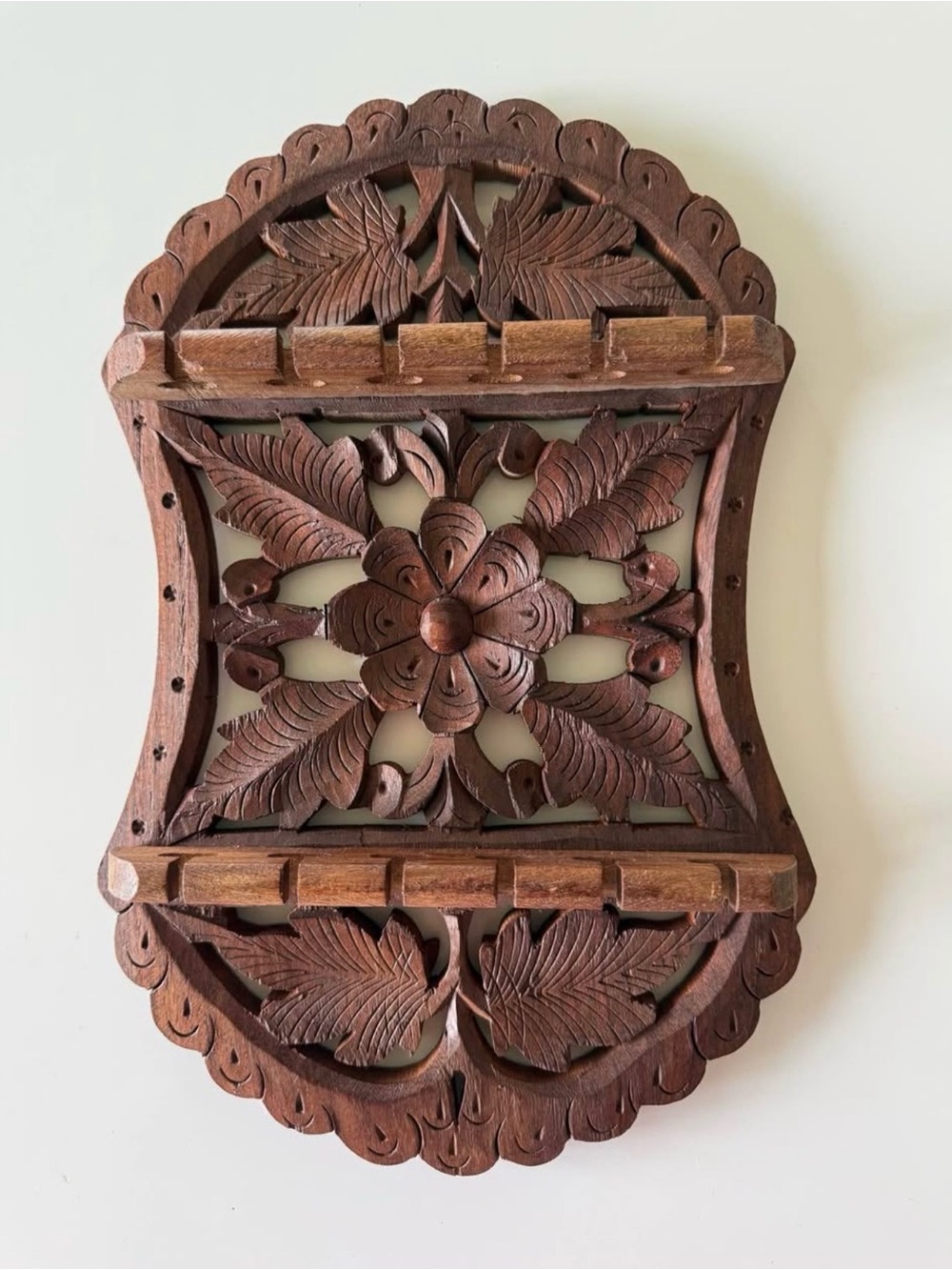 Hand-Carved Wooden Wall Decor - Brown Floral Panel vintage spoon display